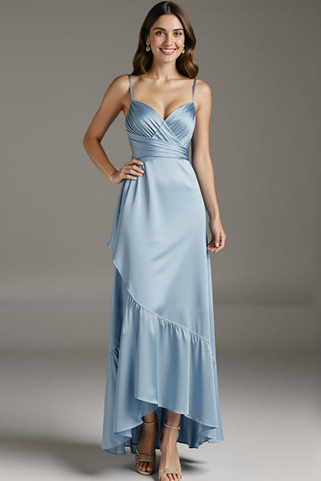 Sky Blue Spaghetti Straps Evening Dress with Ruffles